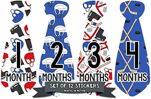 Months In Motion Monthly Baby Tie Stickers - Boy Month Milestone Necktie Sticker - Onesie Month Sticker - Infant Photo Prop for First Year - Shower Gift - Newborn Keepsakes - Hockey