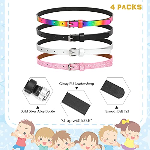 4 Pack Kids PU Leather Skinny Belt for Girls Boys Teen Child Thin Shiny Glitter Waist Belt for Jeans Dress, Black+Silver+Pink+Rainbow,Fits Waist Size 27-31 Inches