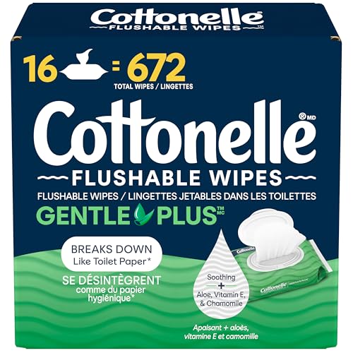 Flushable Wet Wipes, Cottonelle GentlePlus, Biodegradable & Septic Safe, 16 Flip-Top Packs of 42 (672 Wipes)