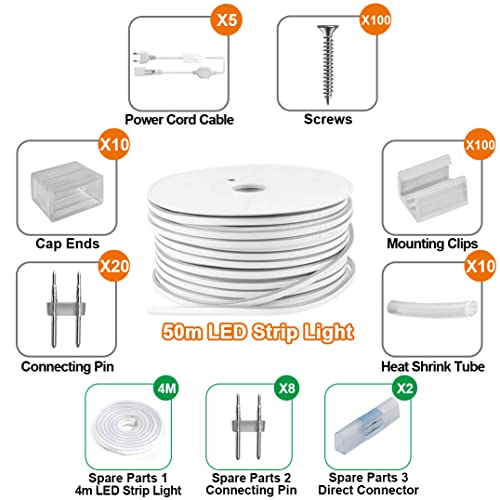 KSIBNW LED Strip 220 V Flexible Neon Light, Waterproof IP65, 50 Metres, 120 LEDs/m, Warm White, Neon LED Light for Bedroom, Bar, Games Room, Birthday, with Adapter and Controller