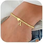 M MOOHAM Valentines Gifts for Kids Her Women - Dainty Heart Initial Bracelets for Women Girls, 14K-Gold-Plated Beaded Heart Initial Bracelets for Teen Girls Jewelry Birthday Gifts