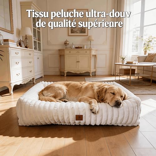 CareCooo XL Rectangular Cream Wavy Texture Dog Bed - Fluffy Cotton Filled Bed, Raised Edges, Removable Washable Cover, Non-Slip