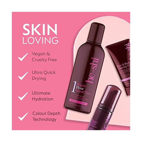 He-Shi Rapid 1 Hour Liquid Tan & Tanning Mitt Bundle Kit - 1 Hour Express Fake Tan Lotion, Medium to Dark (100ml…