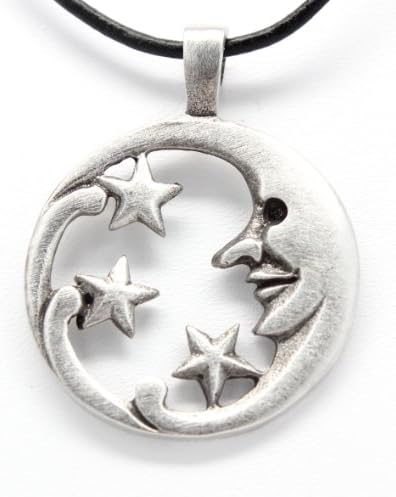 Pewter Moon Face with Stars Celestial Lunar Solar Pendant, Leather Necklace