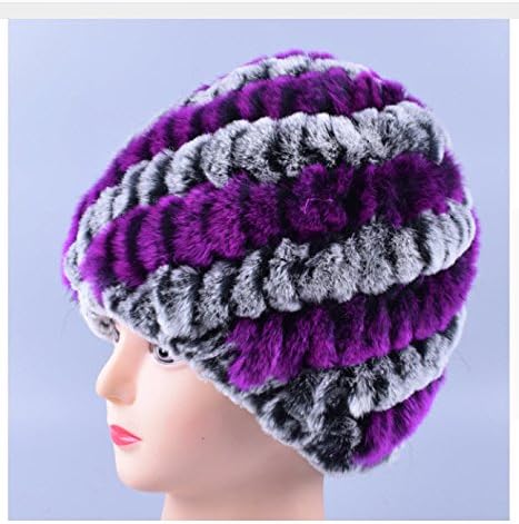 New Design Genuine Rex Fur Pom poms Snow Cap Winter Hats for Girls Skull Cap Real Fur Knitting Rabbit Skullies Beanies Women Hats (Grey Purple)