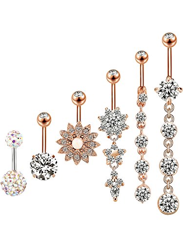 Sumind 6 Pieces 14G Stainless Steel Belly Button Rings Dangle Belly Button Navel Rings for women, 6 Styles (Rose Gold)
