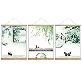 3 Panel Hanging Poster with Wood Frames - Chinese Ink Painting Style Wall and Cats - Ready to Hang Decorative Wall Art - 18"x24" x 3 Panels