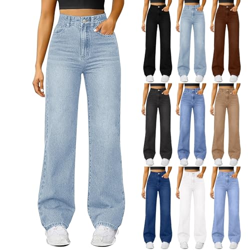 High Waisted Flare Jeans for Women Stretch Y2K Straight Wide Leg Jeans Pull On Stretchy Baggy Comfy Denim Trousers with Pockets Loose Palazzo Boyfriend Denim Pants Streetwear