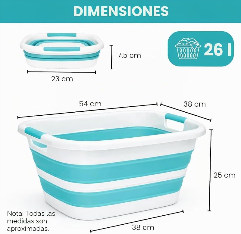 Taça Dobrável 26 L – Cesto de roupa suja feito de plástico e silicone com alças, cesto multiusos para máquina de lavar a varal, cesto de roupa suja e arrumação doméstica (turquesa, M)