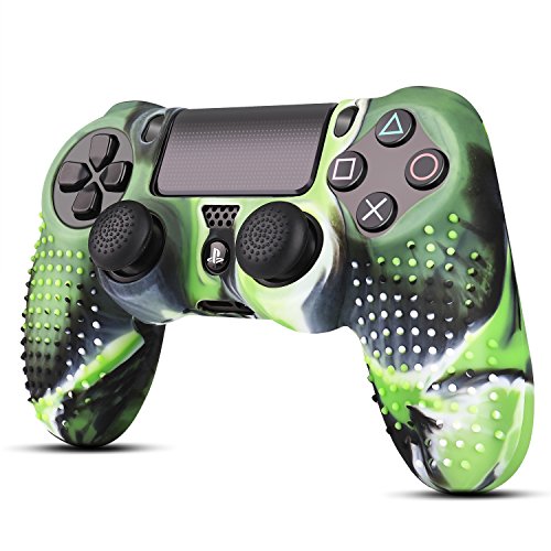 TNP PS4 / Slim / Pro Controller Skin Grip Cover Case Set - Protective Soft Silicone Gel Rubber Shell & Studded Anti-slip Thumb Stick Caps for Sony PlayStation 4 Controller Gaming Gamepad (Camou Green)