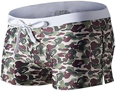 Nine Town Men Square Leg Swimsuit Print Jammer Boxer Brief Trunks Zipper Pockets