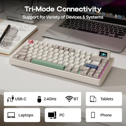 EPOMAKER RT82 Wireless Mechanical Keyboard with Screen, VIA Custom, 2.4GHz/USB-C/BT5.0, RGB Backlit, Gasket, 5-Paddings, PBT Keycaps, Hot-Swap Gaming Keyboard (Creamy Jade)