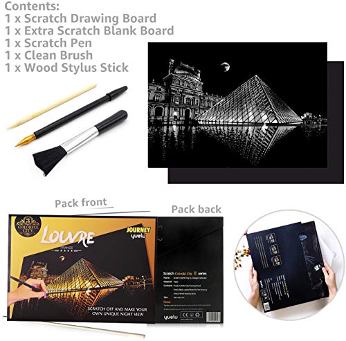 Scratch & Sketch Art Paper for Adults & Kids, Scratch Paper Rainbow Painting Sketch Pads DIY Art Craft Night View Scratchboard with Clean Brush,Scratch Coloring Pen,16 X 11.2 Inches (Louvre)