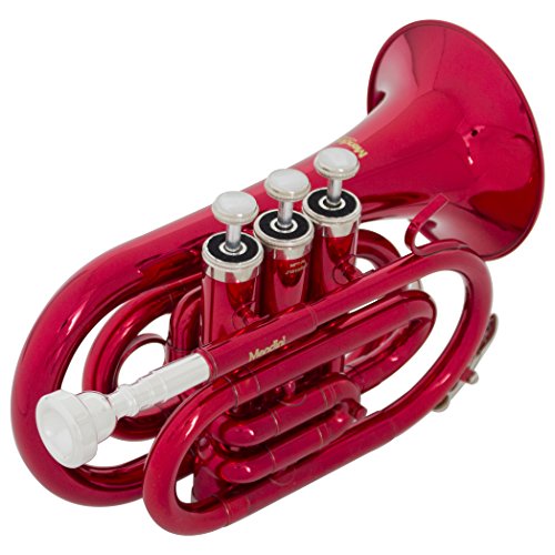 Mendini MPT-RL Red Lacquer Brass Bb Pocket Trumpet with One-Year Warranty, Tuner, Mouthpiece and Deluxe Case