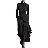 Women High Neck Long Sleeve Stretch Ruffle Asymmetrical Maxi Dress Turtleneck Solid Trendy Western Gown