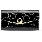 Wallet Women's Genuine Leather Long Three Fold Wallet Bright Leather Large Capacity Buckle, Circled Embossed Pattern, RFID and Magnetic Anti Theft (Black)