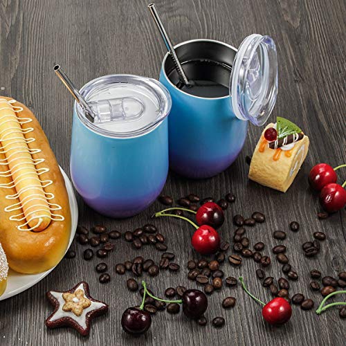 Fungun 12 oz Stemless Wine Tumbler, Stainless Steel Wine Glass, Insulated Tumbler with Lids for Wine, Coffee, Drinks, Cocktails, 2 Sets Including 2 Pieces Straws and Brush (Colorful2) - Thumbnail 5