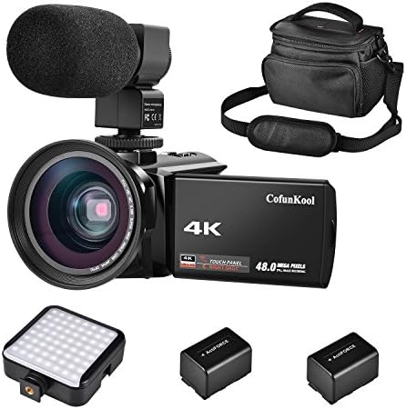 CofunKool Camcorder Video Camera 4K IR Night Vision Ultra HD 60FPS 48MP 3.0" IPS Touch Screen 16X Digital Zoom WIFI Digital Camera Recorder with External Microphone, Wide Angle Lens, LED Video Light, DV shoulder bags, 2*Batteries