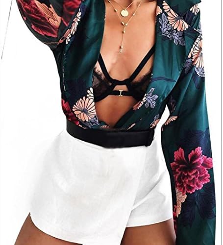 Meyerlbama Womens Tee, Floral Print Blouse Tuxedo Wrap Over Satin Bodysuit Sexy Jumpsuit (S, Green)