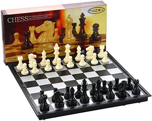 Folding Travel Chess Set by MAZEX for Kids or Adults Chess Board Game 12.5X12.5X0.8 Inch (Black&amp;White Chess Pieces)
