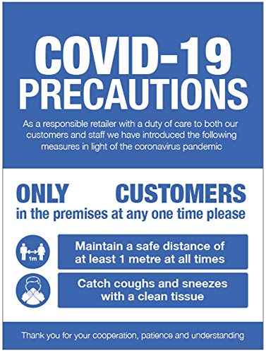 COVID 19 Precautions - Shop window sign - blue (1 metre social distancing) Semi Rigid PVC sign (300x400mm)