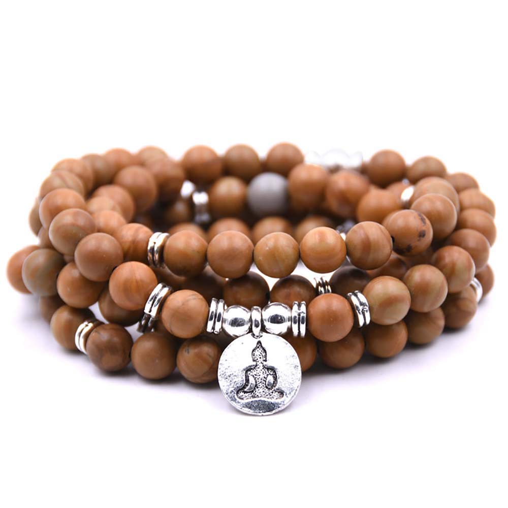 Self-Discovery Natural 108 Mala Beads Bracelet Necklace Meditation Jewelry with Yoga Charm (Wooden Grain) โ image 1