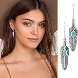 LittleB Bohemia Turquoise Earrings Personality Feather Earrings for Women and Girls.