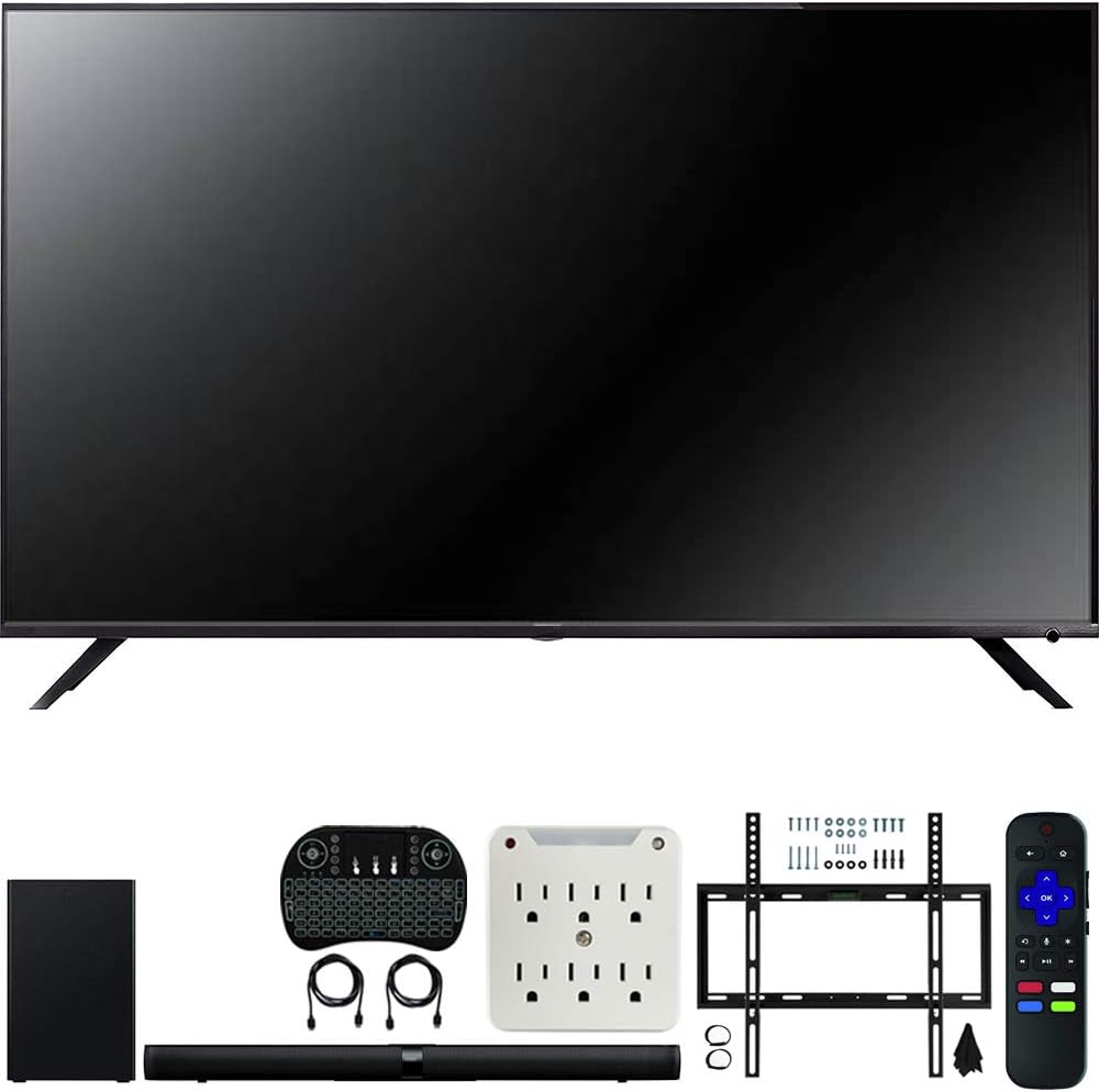 TCL 75R617 75-inch 6-Series 4K UHD Dolby Vision HDR Roku Smart TV (2019) Bundle Alto 7+ 2.1 Channel Sound Bar, Wireless Keyboard, Deco Mount Wall Mount Kit and 6-Outlet Surge Adapter