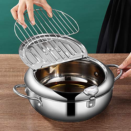 Tempura Frying Pot, Japanese Style 304 Stainless Steel Deep Fryer Pan With Thermometer,Lid And Oil Drip Drainer Rack for Turkey Legs, Chicken Wings, French Frise (24cm/9.4inch)