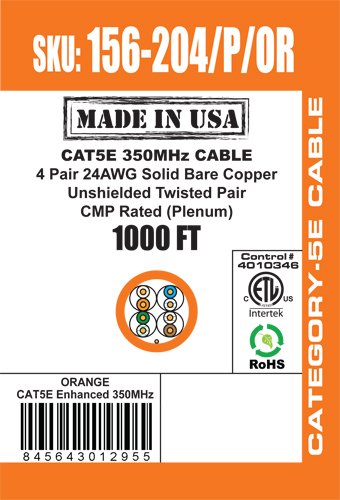 Vertical Cable CAT5E, 350 MHz, UTP, 24AWG, 8C Solid Bare Copper, Plenum, 1000ft, Orange, Bulk Ethernet Cable - Made in USA