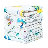 NTBAY 6 Layers of Baby Washcloths Natural Muslin Cotton with Cartoon Printed Design, Newborn Baby Face Towel Perfect Gifts Set of 6, Extra Soft, Breathable, 10x10 Inches