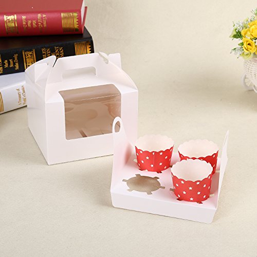 Bakery Cupcake Box White Cupcake Holder with Windows for 4 Cupcakes Handle Cupcake Box for Party (Set of 200)