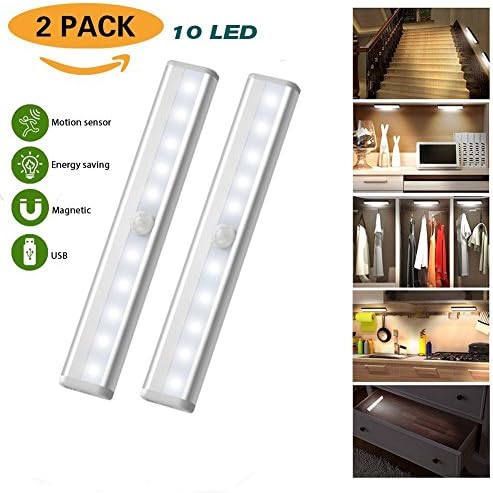 [NEW]2 Pack USB Rechargeable Motion Sensor Light/Closet Light/Wardrobe Light Upgraded Wireless Under Cabinet Lights,10-LED Night Light with Magnetic Strip ,Auto On and Off ,Cool White