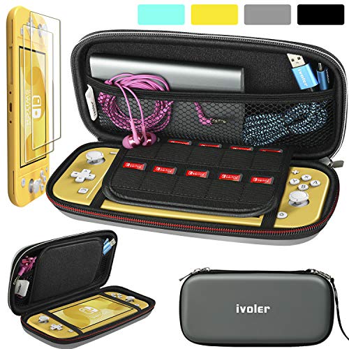 Carry Case for Nintendo Switch Lite with 2 Pack Screen Protector, iVoler Ultra Slim Portable Hard Shell Pouch Travel Game Bag for Switch Lite Console Accessories Holds 10 Game Cards, Grey/Gray