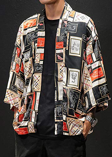 Hotmiss Men's Harajuku Fish Printed Cotton Blends Linen Kimono Cardigan Jackets 3XL (Red, Medium)