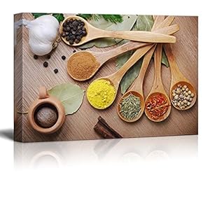 Canvas Prints Wall Art - Still Life Various of Spices in Wooden Spoon Food/Kitchen Concept | Modern Wall Decor/Home Decoration Stretched Gallery Canvas Wrap Giclee Print & Ready to Hang - 12" x 18"