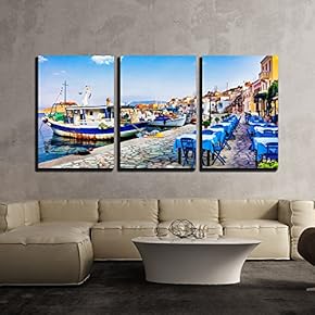 3 Piece Canvas Wall Art - Traditional Greece - Old Fishing Boats and Tavernas, Chalki Island - Modern Home Art Stretched and Framed Ready to Hang - 16"x24"x3 Panels