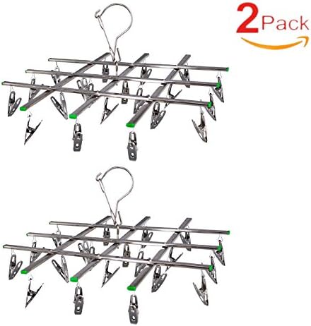 SUNDERPOWER 2 Pack Stainless Steel Swivel Hook 20 Clips Drying Rack Clothes Hanger