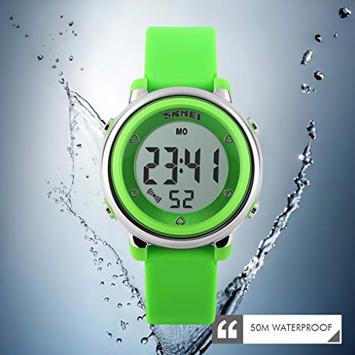 Skmei Kids Digital Watch, Waterproof Boys Girls Colorful LED Light Watches Childern Wristwatches with Stopwatch (Green) - Thumbnail 5