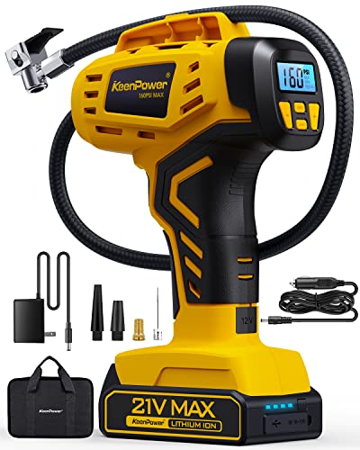 KeenPower Reifenfüller, kleiner tragbarer Luftkompressor, 2 x schneller, 21 V, wiederaufladbar, batteriebetrieben, 160 PSI Reifenfüller, Dual-Netzteil