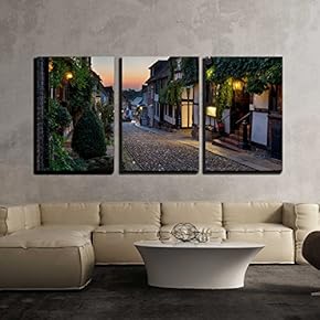 3 Piece Canvas Wall Art - Nighttime on The Cobbles at Mermaid Street in East Sussex - Modern Home Art Stretched and Framed Ready to Hang - 16"x24"x3 Panels