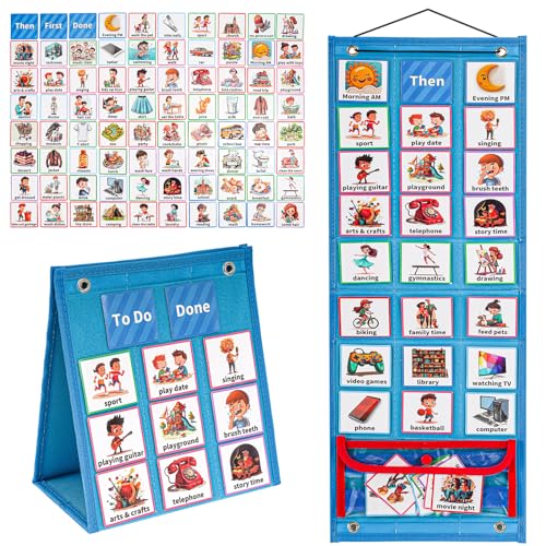 ProCase Visual Schedule for Kids, Daily Routine Core Chart Calender Morning Bedtime Communication Cards Learning Material Wall Planner Behavioral Tool for Kid Toddler Home School -Blue