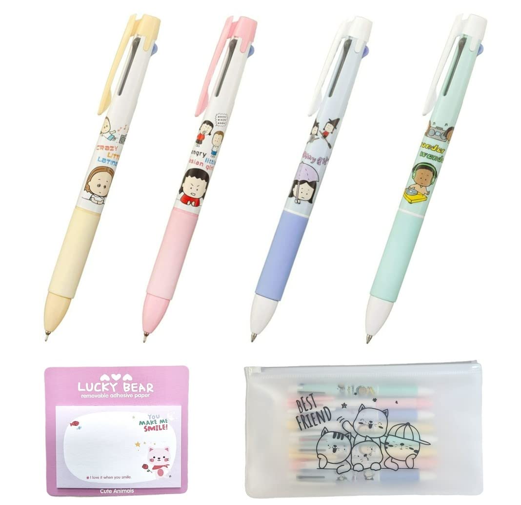 JOKUNA Xeno Cute Slim Ballpoint Pen 0.38mm(yellow, pink)/0.5mm(Sky Blue, Mint) 3 Colors Assorted pens and Stickers Memo Pads in Pouch, Made in Korea (4)