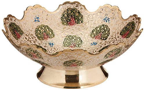 Zap Impex Golden Plated Brass Decorative Dry Fruit Bowl carving Work - Size- 7" Beautiful White Color Peacock design Kitchenware Gift