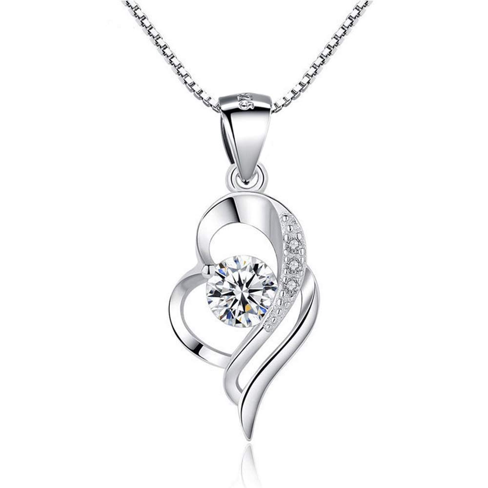 Kamise Ncklaces for Women, 925 Sterling Silver Necklace with White Zircon, White Gold Heart Necklace Chain, 45m Sliver Chains with Love Heart Pendant, Romantic Jewelry for Ladies Girls Mother mit Box