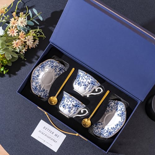 250ml Tea Cup and Saucer Set, 8oz Floral Blue Porcelain Coffee Cups for Tea, Cappuccino, Latte, Elegant Vintage Bone China Tea Set, Gift Box