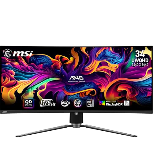 MSI MAG 341CQP QD-OLED 34 Inch UWQHD Curved Gaming Monitor - 1800R, 3440 x 1440 Quantum Dot OLED Panel, 175Hz / 0.03ms, 99% DCI-P3