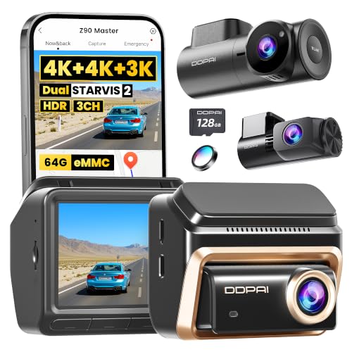 DDPAI Z90 Master 3 Kanal Dashcam Vorne Hinten Innen (4K+4K+3K), Dual STARVIS 2 IMX678 3 HDR Dashcam Car, 64GB EMMC+128GB Karte Dash Cam, Inkl.CPL, Nacht, GPS/ADAS/KI, WLAN, 4G LTE, 24H Park WWache,IPS