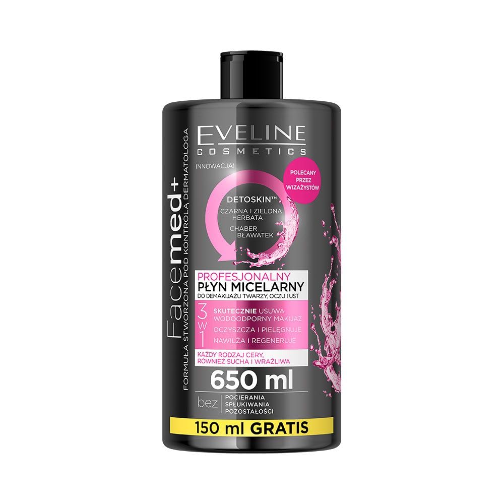 Eveline Cosmetics Facemed+ Professional 3-in-1 Micellar Water Makeup Remover for Face, Eyes & Lips with Black Tea Extract & Green Tea - 650ml