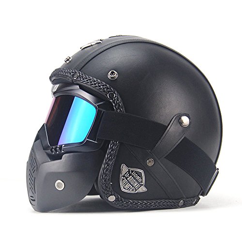 AUTOPDR Open Face Vintage Motorcycle Helmet PU Leather Harley 3/4 Motorcycle Chopper Bike for Helmet Goggle Mask L(59-60cm)